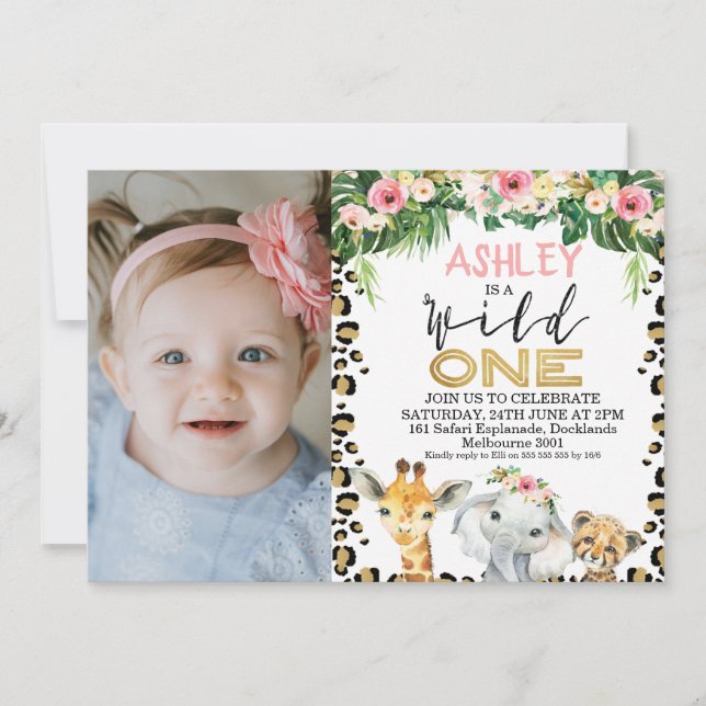 Safari Wild One Photo Birthday Invitation For Girl (Front)
