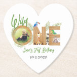 Safari Wild One  Photo First Birthday Animals Wood Paper Coaster<br><div class="desc">For a first birthday party with Wild One / jungle / safari animals theme. The word ONE is from wood letters. Inside the o there is a round placeholder photo of a boy. around the other wood letters there are animals and palm leaves: parrots on the N and E, a...</div>