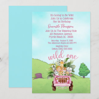 Safari Wild One Pink Girls Birthday Party     Invitation