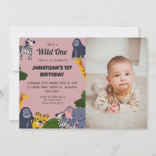 Safari Wild one Simple Cute First Birthday photo Invitation