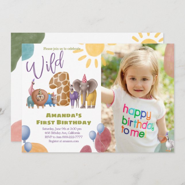 Safari Wild One With Photo Birthday Invitation (Front/Back)