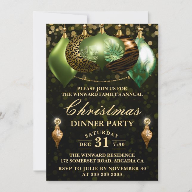 Safari Wildlife 2 Baubles Christmas Dinner Party Invitation (Front)