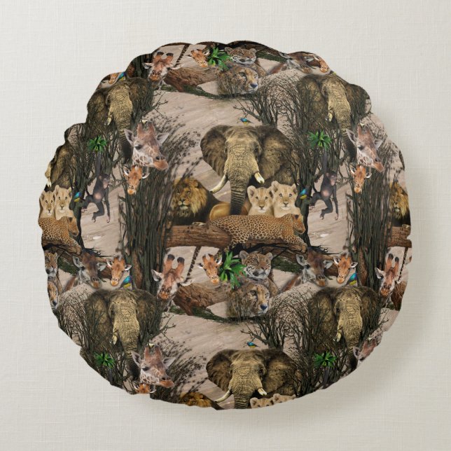 Safari Wildlife Destination Repeat Pattern Round Cushion (Front)