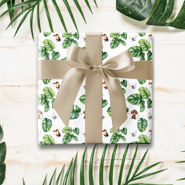Safari Wrapping Paper (Safari Animal Zoo Animal Tropical Leaves Pattern Monkey Toucan Butterfly Birthday Wrapping Paper)