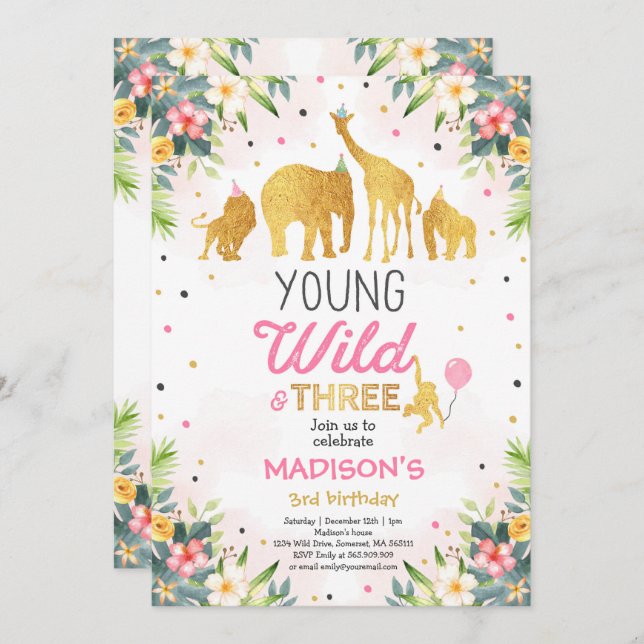 Safari Young Wild And Three Birthday Invitation (Front/Back)