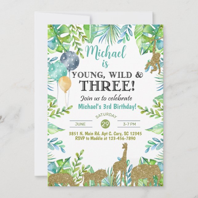 Safari Young Wild Three boy 3rd birthday invite. Invitation (Front)