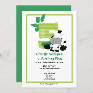 Safari Zebra Fifth Birthday Party Invitation