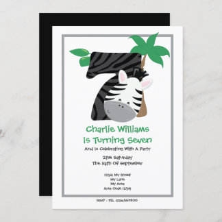 Safari Zebra Seventh Birthday Party Invitation