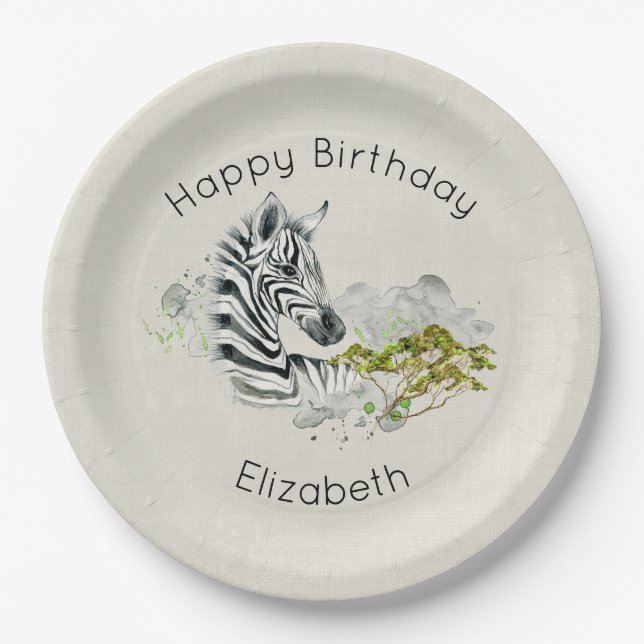 Safari Zebra Wild Exotic Animal Happy Birthday Paper Plate (Front)