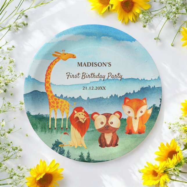 Safari Zoo Animals Blue Green Watercolor Paper Plate (Creator Uploaded)