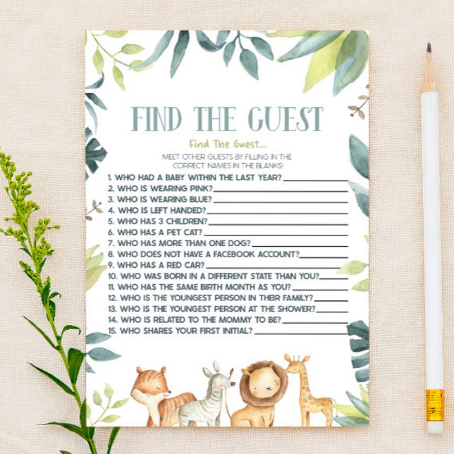 Safari Zoo Animals Find The Guest Baby Shower Game Stationery (Creator Uploaded)