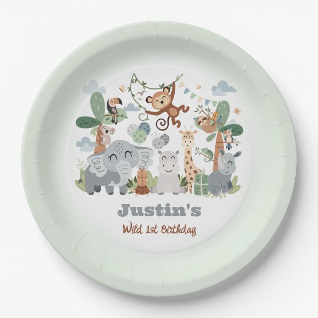 Safari ZOO Animals Wild One 1st Birthday Paper Plate (Front)