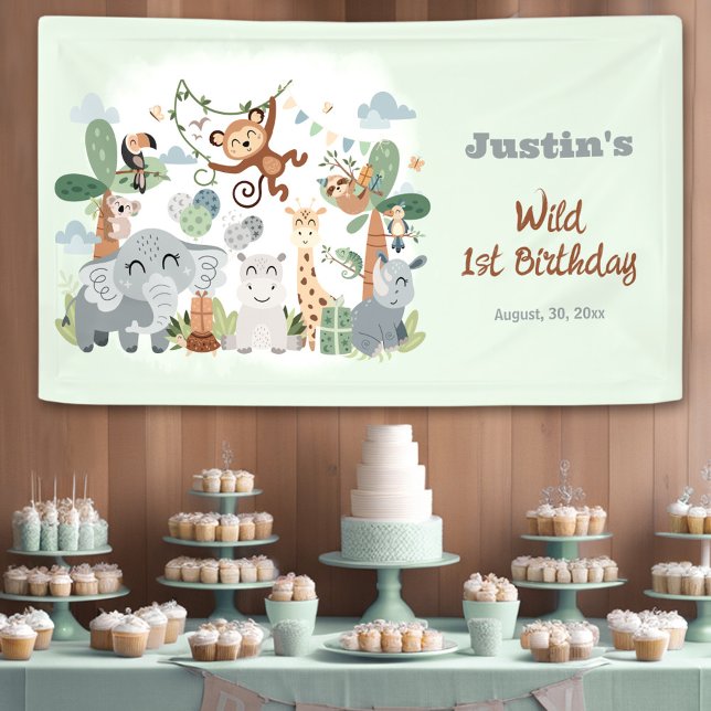 Safari ZOO Animals Wild One Green 1st Birthday Banner (Safari ZOO Animals Wild One Green 1st Birthday Banner)