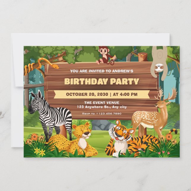 Safari zoo wildlife birthday invitation (Front)