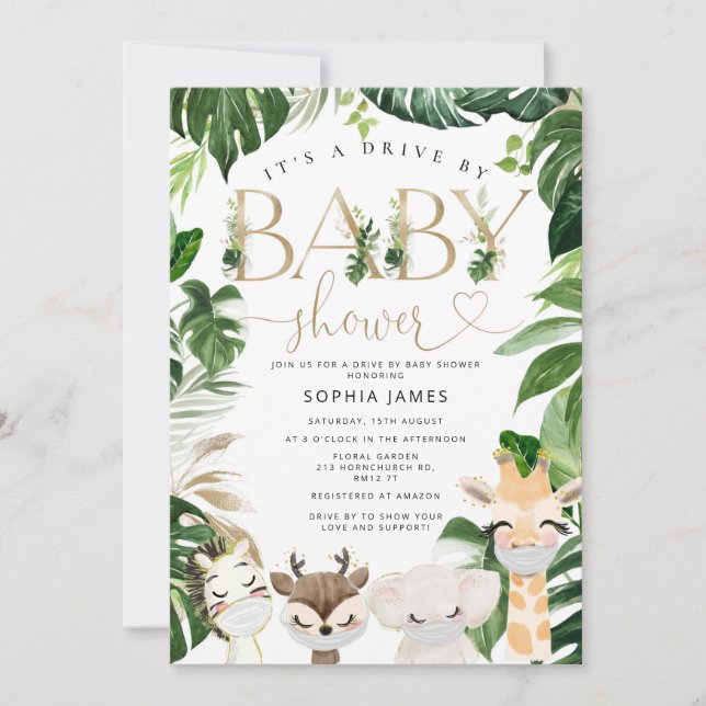 Safarin animals with fask Drive by baby shower Invitation (Front)