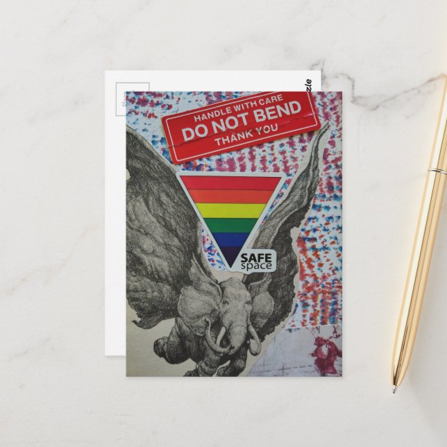 Safe Space Flying Elephant Fantasy Collage Postcard (Front/Back In Situ)