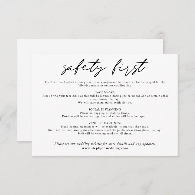Safety First Simple Black White COVID safety Enclosure Card (Front/Back)