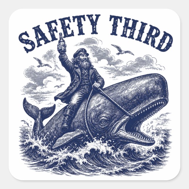 Safety Third Funny Sarcastic Nautical Whale Rider  Square Sticker (Front)