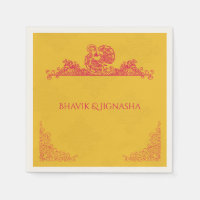 Saffron and Pink Peacock Indian Wedding Napkin