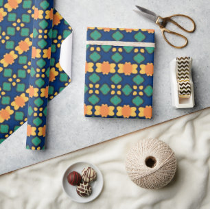 Saffron Bloom Flower Navy Orange and Green Floral Wrapping Paper