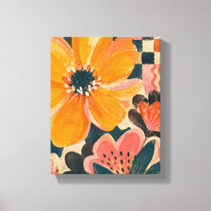 Saffron Chequered Bloom Maximalist Floral Abstract Canvas Print