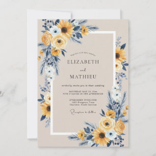 Saffron Indigo Sunflower Eucalyptus Wedding Invitation