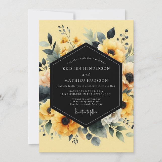 Saffron Noir Botanical Wedding Invitation (Front)