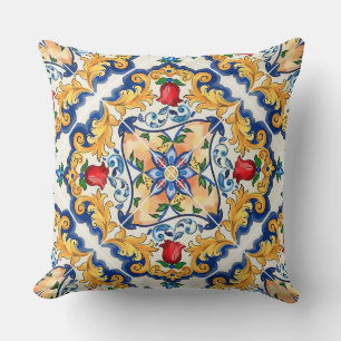 Saffron Red Floral Sicilian Majolica Mediterranean Cushion