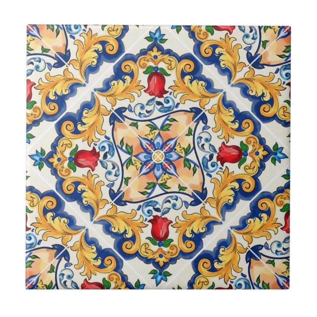 Saffron Red Floral Sicilian Majolica Mediterranean Tile (Front)