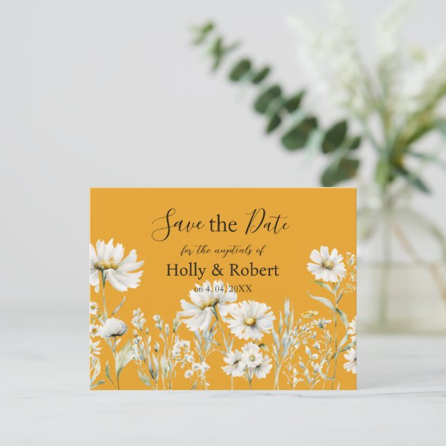 Saffron Yellow, Daisy Floral Wedding Save the Date Postcard (Standing Front)