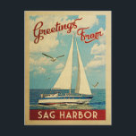 Sag Harbour Sailboat Vintage Travel New York Postcard<br><div class="desc">This Greetings From Sag Harbour New York vintage travel nautical design features a boat sailing on the water with seagulls and a blue sky filled with gorgeous puffy white clouds.</div>