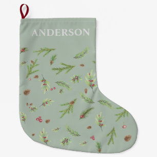 Saga Green botanical elegant modern family gift  Large Christmas Stocking