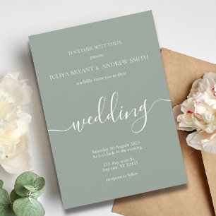 Saga green minimalist Script wedding Invitation