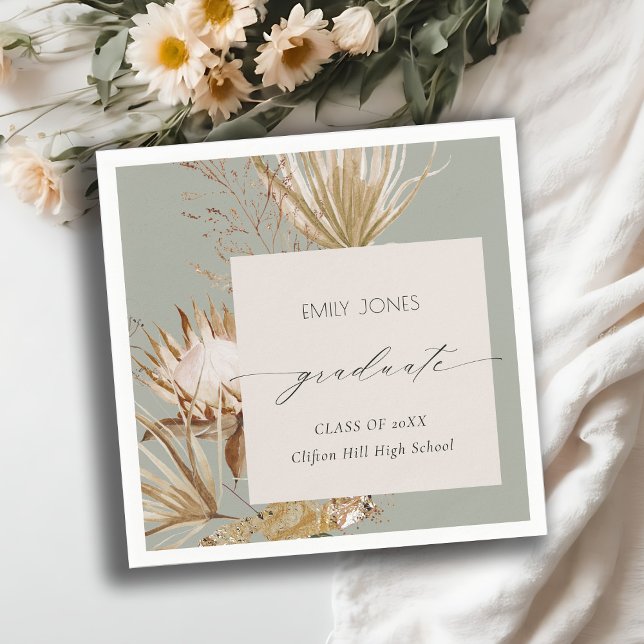 Saga Green Protea Dry Palm Floral Photo Graduation Napkin (Creator Uploaded)