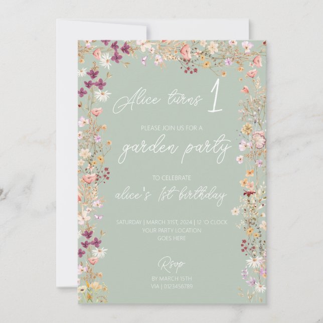 Sage 1st birthday party wildflower garden party  invitation (Front)