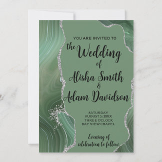 Sage Agate & Silver Glitter Wedding Invitation