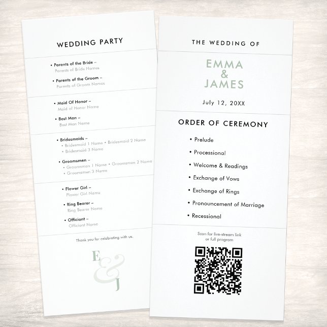 Sage Ampersand Wedding | Program | QR Code Rack Card (A Sage green minimalist wedding program featuring clean typography, signature ampersand and QR code.)