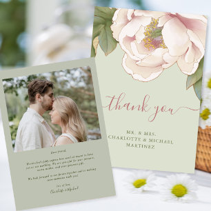 Sage and Blush Floral Photo Wedding Thank You Card