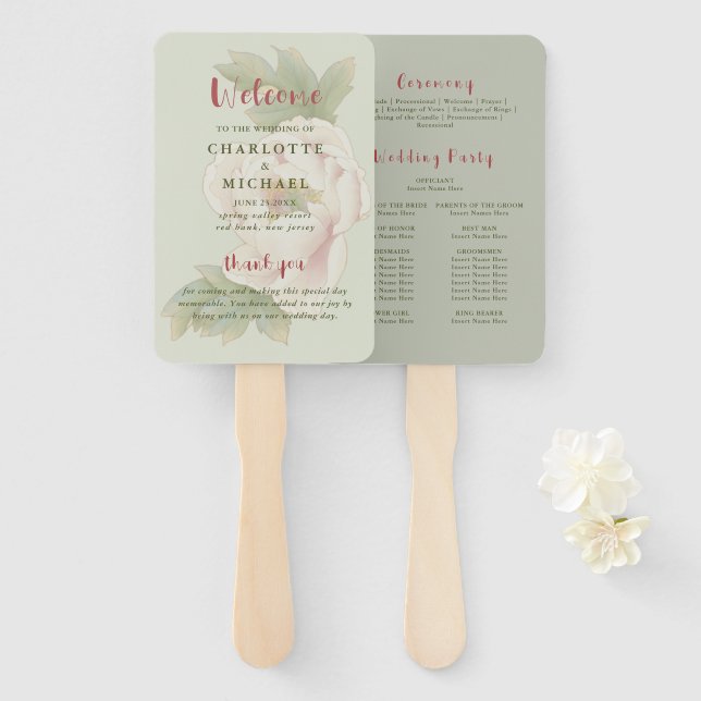  Sage and Blush Floral Wedding Program Hand Fan (Front and Back)