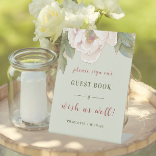 Sage and Blush Pink Peony Wedding Guestbook Pedestal Sign