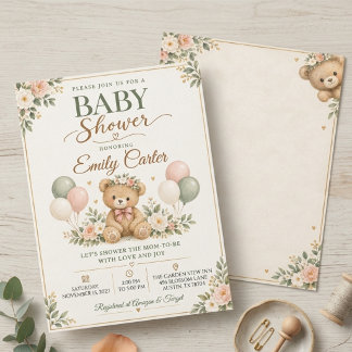 Sage and Blush Teddy Bear Baby Shower Invitation