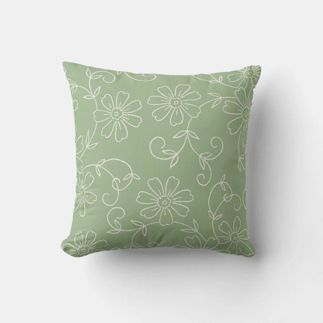 Sage and Cream Floral Decorative Pillow (Front)