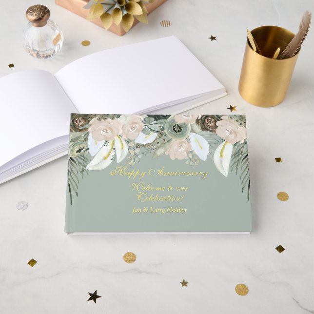 Sage and Cream Gold Foil Anniversary Floral  Guest Book (Front Open)