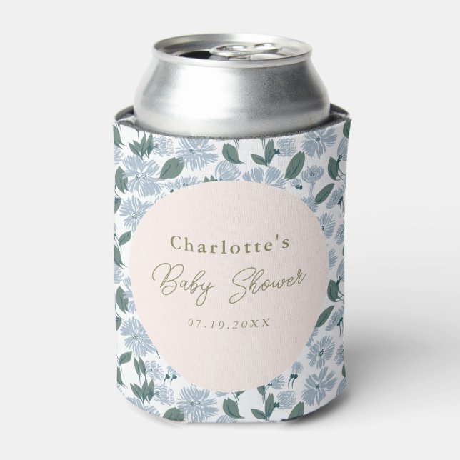 Sage and Dusty Blue Floral Baby Shower Custom Can Cooler (Can Front)