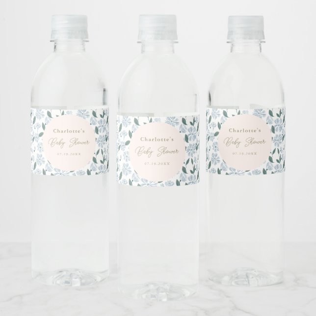 Sage and Dusty Blue Floral Baby Shower Custom Water Bottle Label (Bottles)