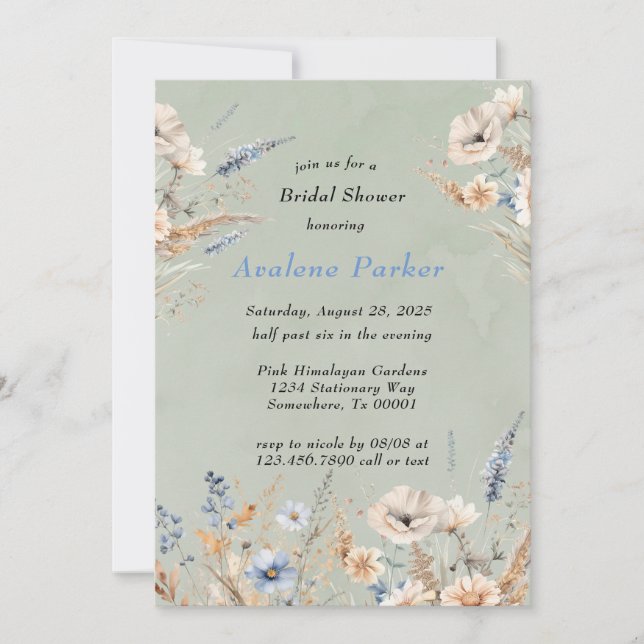 Sage And Dusty Blue Wildflowers Bridal Shower Invitation (Front)