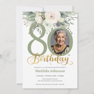 Sage and Gold Floral Photo 80th Birthday Invitation