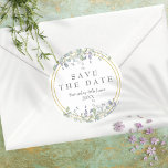 Sage and Lilac Floral Save the Date Favour Classic Round Sticker<br><div class="desc">Pretty sage and lilac leaves tumble over an elegant gold frame enclosing your special save the date set in classic elegant text. Designed by Thisisnotme©</div>