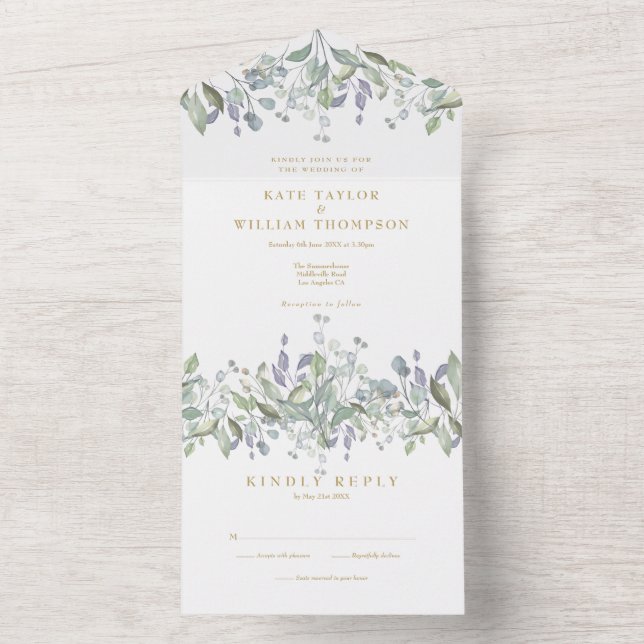 Sage And Lilac Gold Floral Monogram Wedding All In One Invitation (Inside)