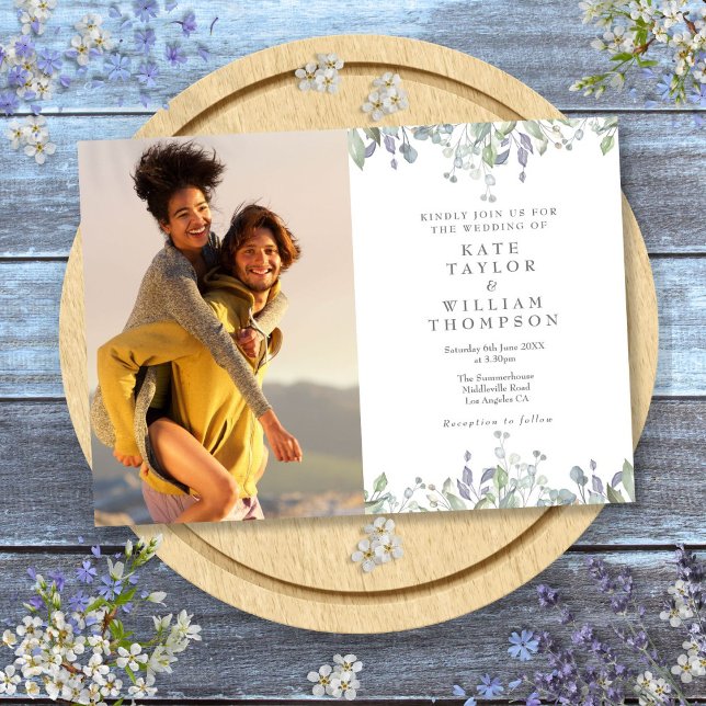 Sage And Lilac Greenery Floral Photo Wedding Invitation (Sage And Lilac Greenery Floral Photo Wedding Invitation)